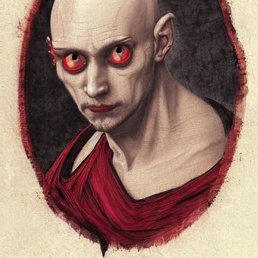 Prompt: d & d painting portrait necromancer man with bald head, red eyes, pallid skin, long flowing black and red robes. in style of leonardo davinci