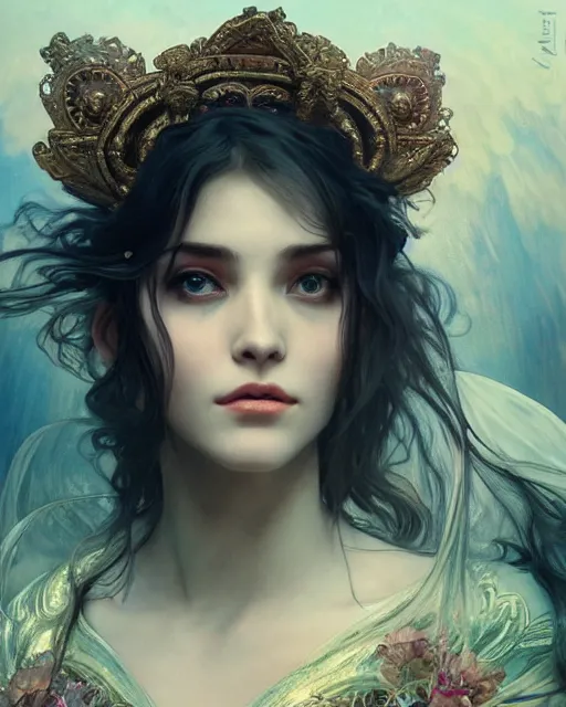 Image similar to a beautiful close up portrait of a sorceress floating on air with elegant looks, flowing robe, ornate and flowing, intricate and soft by ruan jia, tom bagshaw, alphonse mucha, wlop, beautiful roman architectural ruins in the background, epic sky, vray render, artstation, deviantart, pinterest, 5 0 0 px models