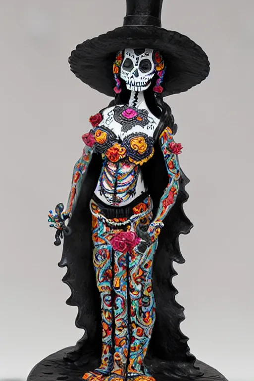 Image similar to intricate and detailed dancing Mexican La Catrina statue made on embossed polished clay by Antonio Corradini