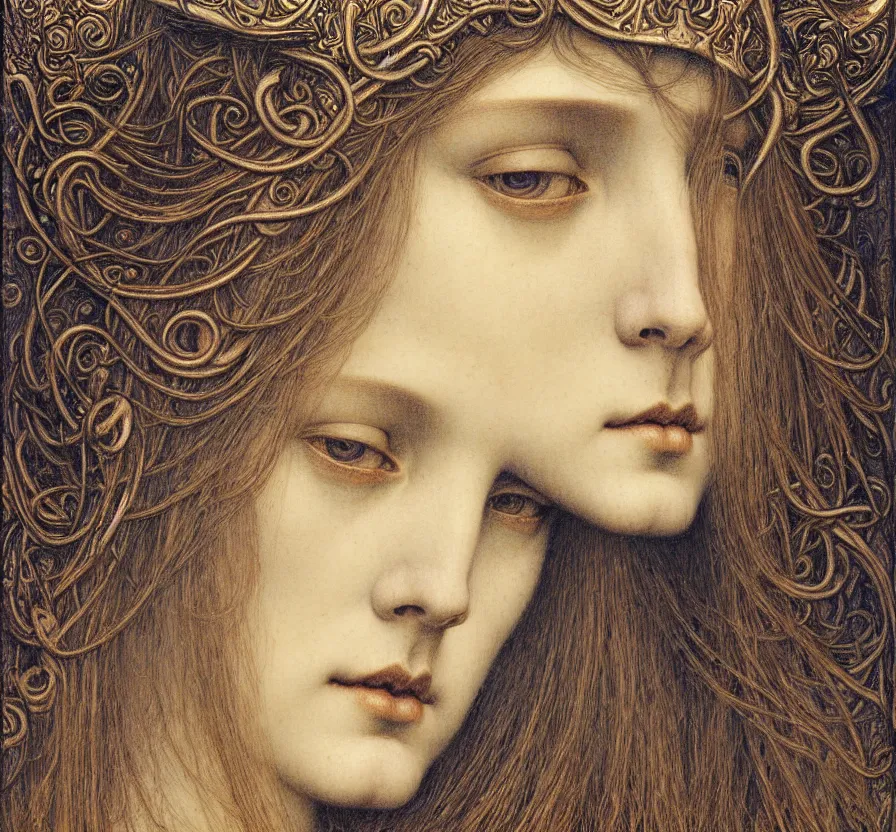 Image similar to detailed realistic beautiful young medieval queen face portrait by jean delville, gustave dore and marco mazzoni, art nouveau, symbolist, visionary, gothic, pre - raphaelite. horizontal symmetry