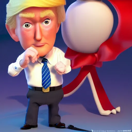 Image similar to a wholesome animation key shot of chibi donald trump, pixar and disney animation, sharp, very detailed, high resolution, rendered in unreal engine 5, key art by greg rutkowski, bloom, dramatic lighting