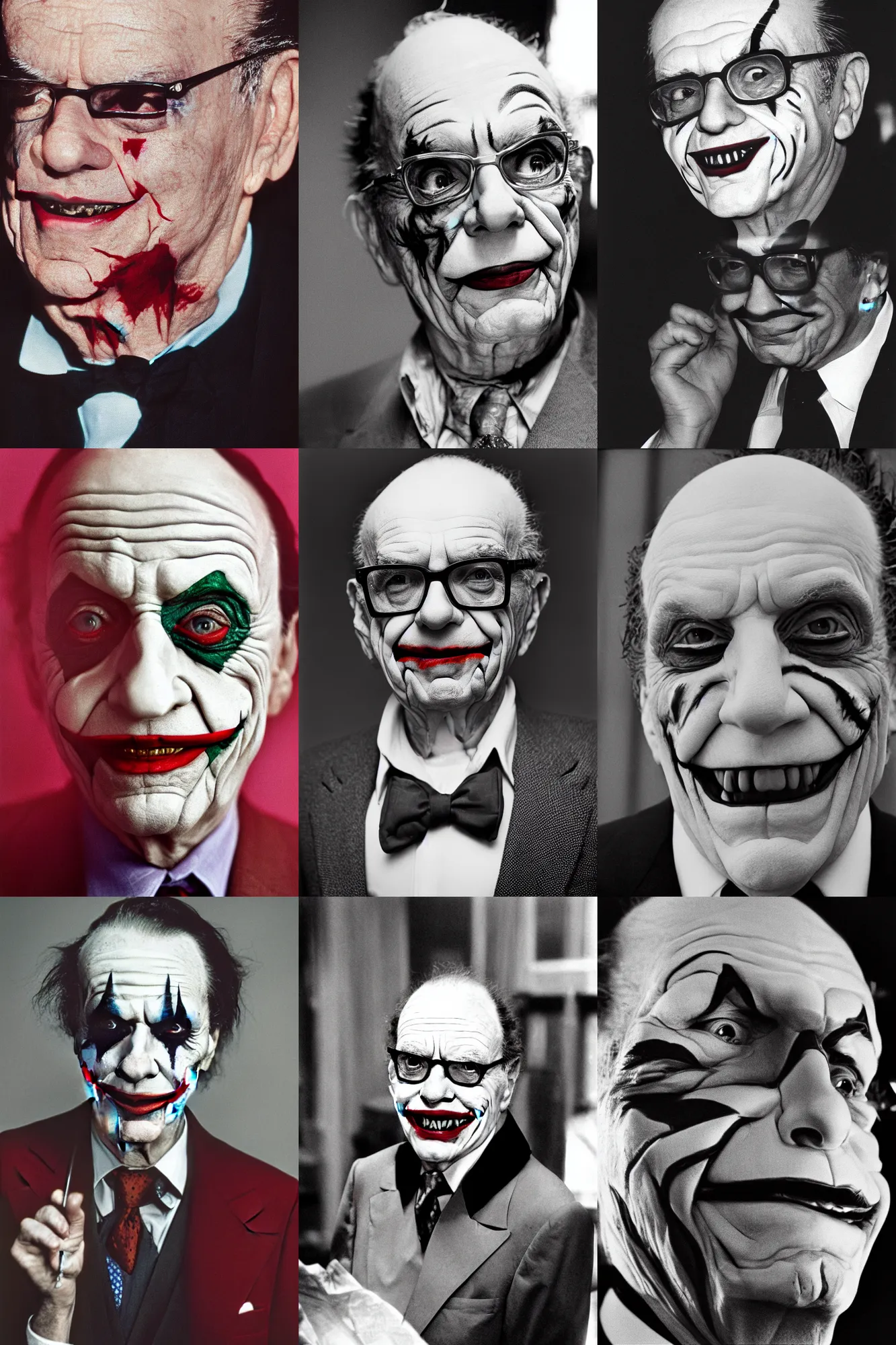 Prompt: Rupert Murdoch as the joker, portrait photograph, film grain