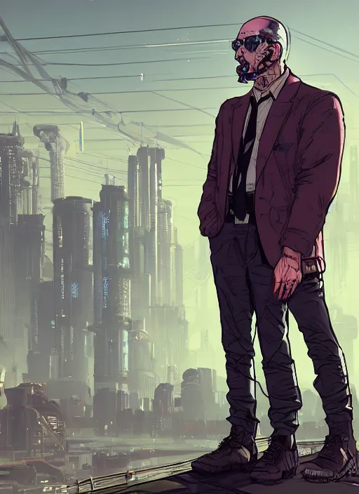 Prompt: Menacing Leon. smarmy cyberpunk politician wearing fashionable clothing. square face. Realistic Proportions. Concept art by James Gurney and Laurie Greasley. Moody Industrial skyline. ArtstationHQ. Creative character design for cyberpunk 2077.