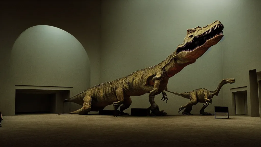 Image similar to the dinosaur floats through a museum, made of wax and water, film still from the movie directed by Denis Villeneuve with art direction by Zdzisław Beksiński, wide lens