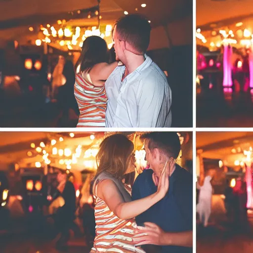 Image similar to a cute couple doing the bump on the dancefloor. freedom. being loose. pleasure. midnight. outdoors and indoors. varying angles. high - res photography.