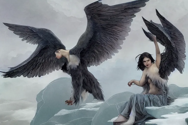 Image similar to harpies descending from the sky towards a baby harp seal on sea ice, with a gray and cool sky, ominous lighting, water color, art by artgerm and greg rutkowski and alphonse mucha and jin xiaodi and anthony devine