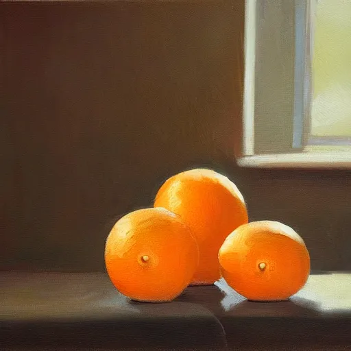 Image similar to a cat pondering oranges on a table, oil on canvas, artstationm digital art