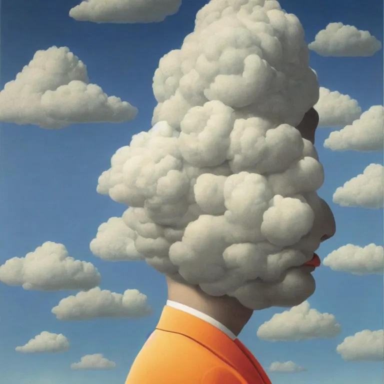 Image similar to portrait of a cloud head man, by rene magritte, centered, detailed painting, hd, hq, high resolution, high detail, 4 k, 8 k