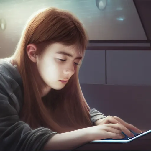 Image similar to realistic teenager using laptop in super tech room, artstation trends, concept art, highly detailed, intricate, sharp focus, digital art, 8 k