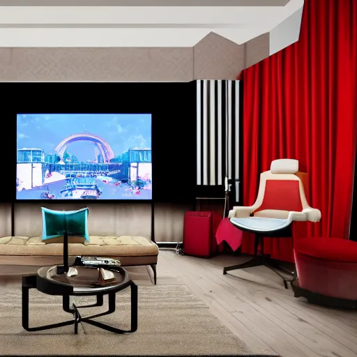 Image similar to A screenshot of a photorealistic Virtual Reality music studio, living room vibe, Paris hotel style, red velvet furniture, light rays coming out of the windows, the window has a view on Paris, raytracing, highly detailed, futuristic, unreal engine 5, photoscanned, photorealistic,