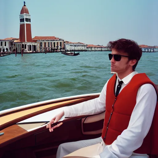 Prompt: a fashionable man driving a riva boat around the the venetian lagoon. kodak portra film photograph. fine art photography. cinematography inspired composition