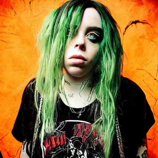 Image similar to billie eilish in a heavy metal album cover