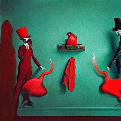 Image similar to surreal colour photography of a red raven dark turquoise and shadows by sandy skoglund and heironymus bosch, victorian painting