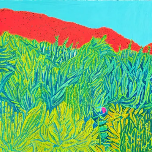 Image similar to rough acrylic painting of a lush natural scene on an alien planet by david hockney. beautiful landscape. weird vegetation. cliffs and water.