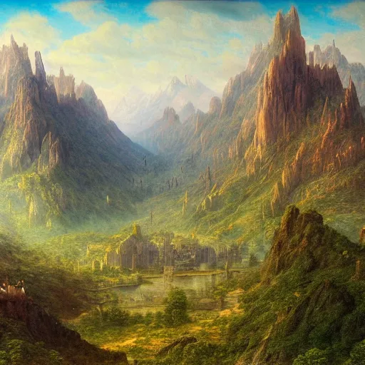 Image similar to a beautiful and highly detailed matte painting of the epic mountains of avalon, intricate details, epic scale, insanely complex, 8 k, sharp focus, hyperrealism, very realistic, by caspar friedrich, albert bierstadt, james gurney, brian froud,