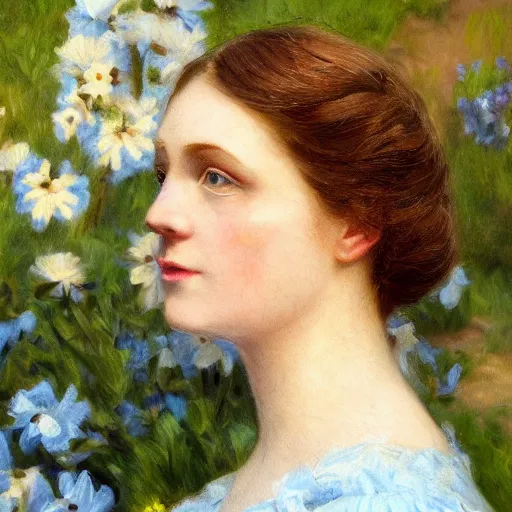 Prompt: portrait painting of a lady in a light blue dress 1 9 0 0 s entire face shown in great detail, garden, photorealistic, extreme detail, sharp focus, 8 k, intricate, hyper detailed, realistic, cinematic lighting