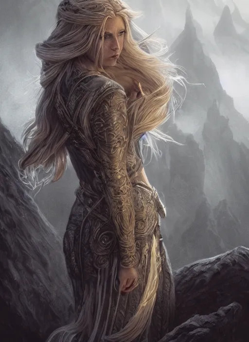 Prompt: A beautiful Norse Goddess with long flowing blonde hair standing on a ledge with a blade in hand, fantasy, intricate, elegant, highly detailed, D&D, digital painting, artstation, concept art, matte painting, sharp focus, illustration, extremely moody lighting, glowing light and shadow, atmospheric, shadowy, cinematic, in the style of Greg Rutkowski and artemisia gentileschi and Alphonse Mucha