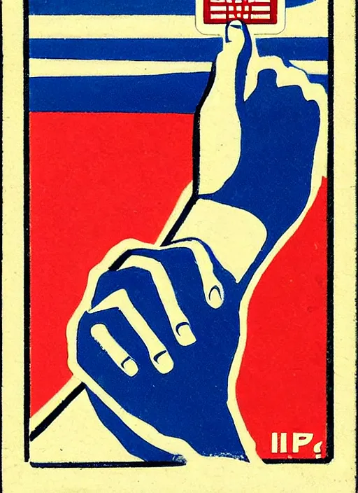 Prompt: a hand holding a red card, russian matchbox label style, propaganda,