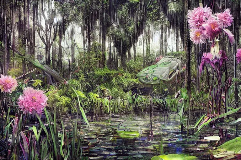 Prompt: hyperrealism, scene from louisiana swamps, starship, spring blooming flowers garden, true detective, 8 0 s japanese sci - fi books art