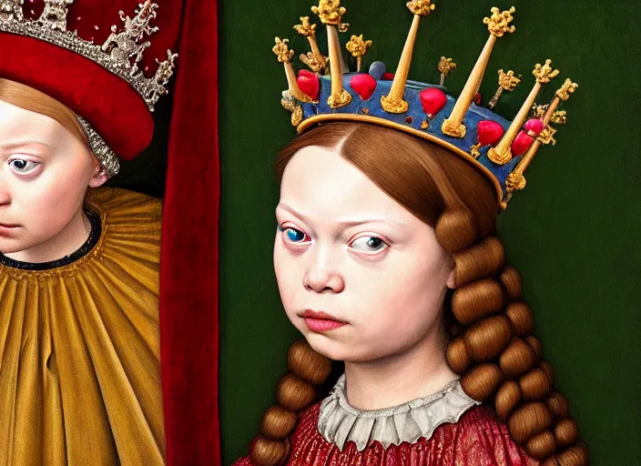 Image similar to closeup profile medieval jan van eyck portrait of greta thunberg as a fairytale princess wearing a crown eating cakes in the castle kitchen, nicoletta ceccoli, mark ryden, lostfish, max fleischer, hyper realistic, artstation, illustration, digital paint, matte paint, vivid colors, bright, cheerful, detailed and intricate environment