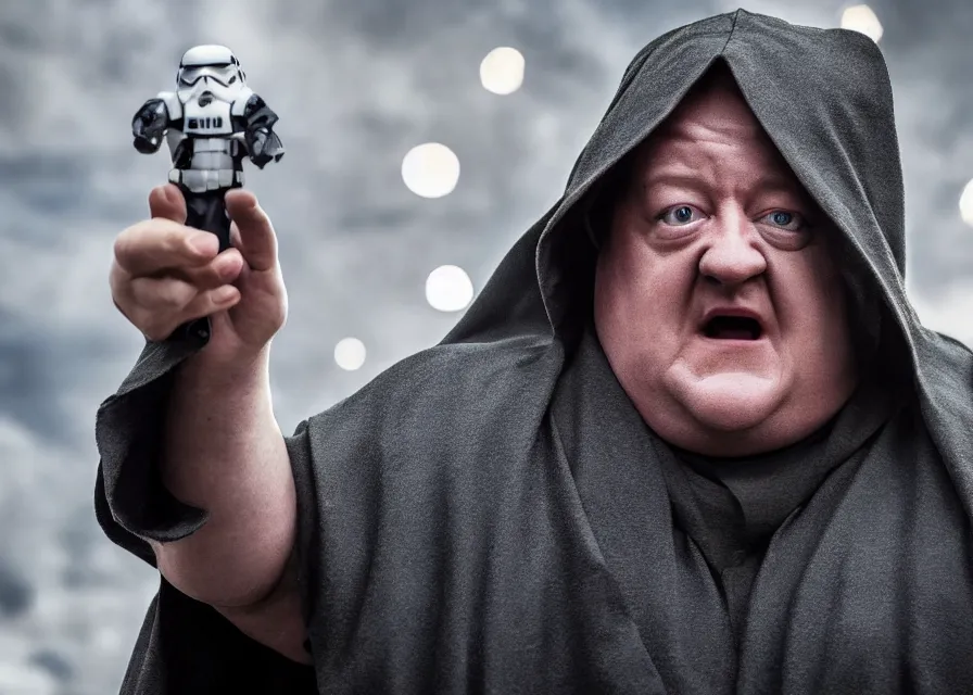 Prompt: still image of johnny vegas as a sith lord in a star wars movie, close - up, cinematic, 4 0 mm f / 2. 8, anamorphic