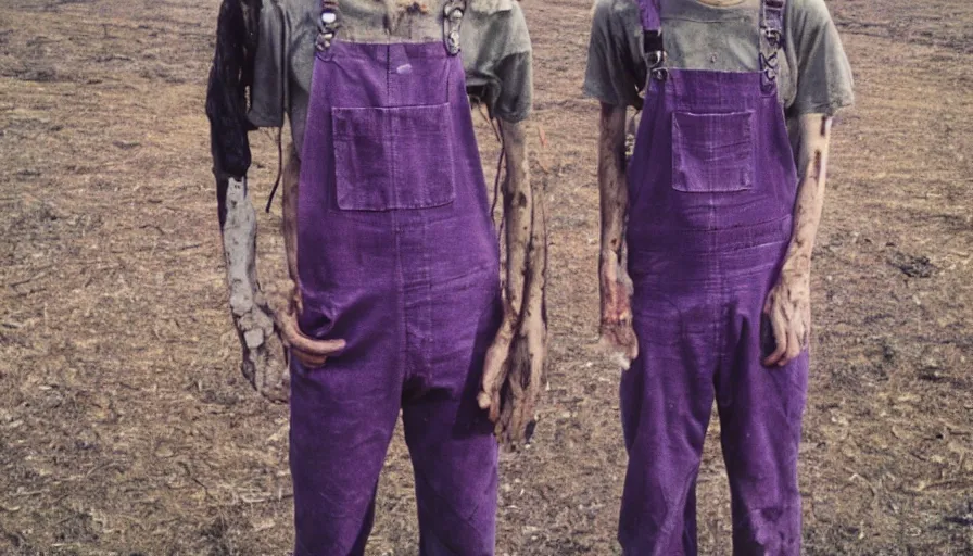 Image similar to far view, extremely skinny malnourished purple thanos with long beard, wearing dirty overalls, dirty greasy face, grin, portrait, close up, kodak gold 2 0 0, 5 0 mm,