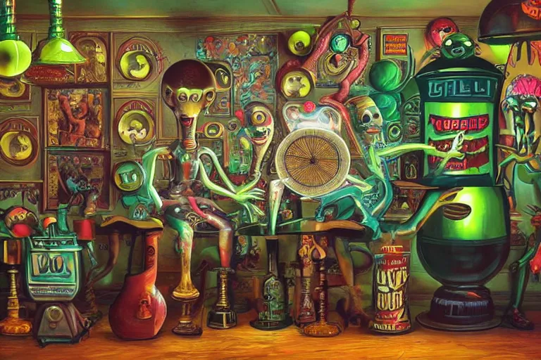 Prompt: 👽 aliens in an english pub playing darts lowbrow, amazing colorful background, digital art, concept art, in the style of mark ryden, 3 - d