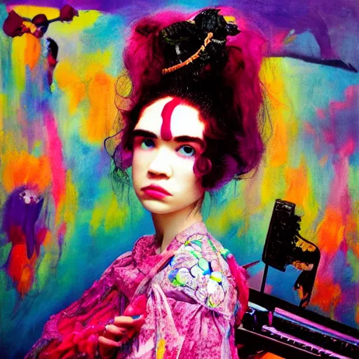 Image similar to grimes a. k. a. claire elise boucher painted by dali, dreamy, bright colors