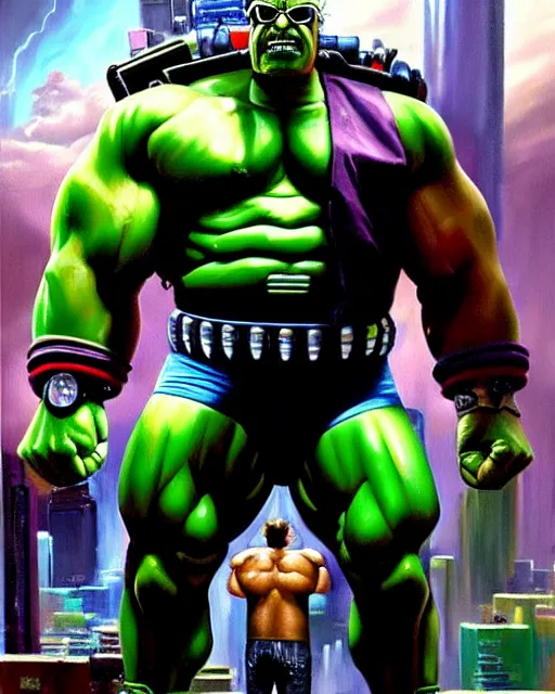 Prompt: hyperrealistic oil painting of cyberpunk mechanical hulk as stan lee, stan lee as a muscular hulk