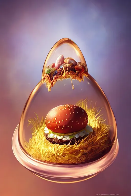 Image similar to a i hamburger in a faberge egg, anatomy, bathed in light, highly detailed, photorealistic, artstation, smooth, sharp focus, illustration, unreal engine 5, 8 k, art by artgerm and greg rutkowski and edgar maxence