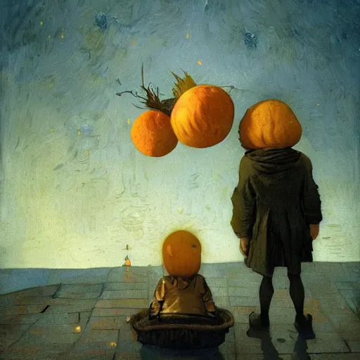 Image similar to james and the giant peach!!!!! illustrated by johannes vermeer, greg rutkowski, gaston bussiere, van gogh, davinci, and zdzisław beksinski, award - winning, cgsociety contest winner