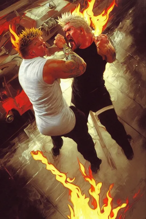 Image similar to guy fieri enraged, fighting gordon ramsay, punching, motion lines, action lines, painting by'phil hale '!!! gaston bussiere, craig mullins, greg rutkowski, alphonse mucha,