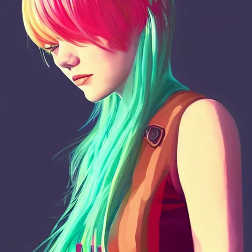 Prompt: Emma stone with aurora colored hair, curious expression, character art, crop top, miniskirt, alluring, full body, trending on artstation, artgerm, 4k ultra hd, sharp focus, digital art by Ilya Kuvshinov and Ross Tran,