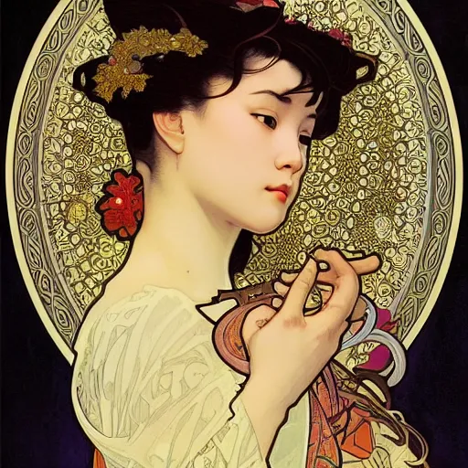 Prompt: realistic detailed profile portrait of a beautiful young geisha by Alphonse Mucha, Greg Hildebrandt, and Mark Brooks, gilded details, spirals, Neo-Gothic, gothic, Art Nouveau, ornate medieval religious icon