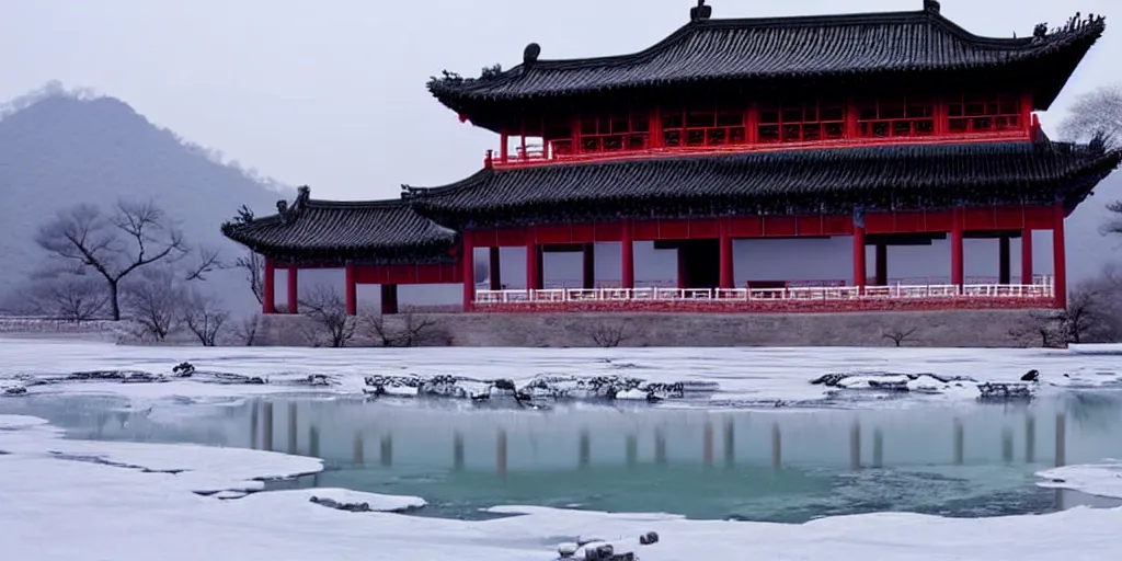 Image similar to ancient chinese palace on ice lake, cyberpunk