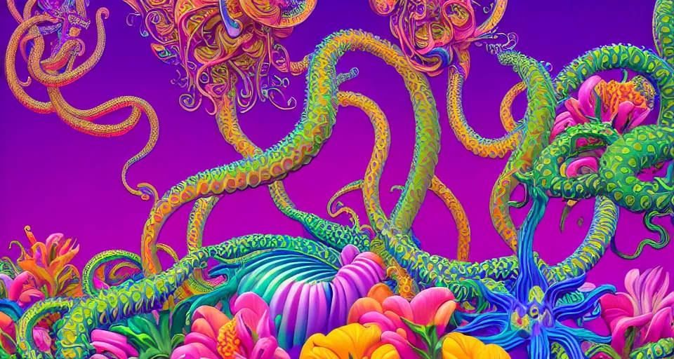 Prompt: psychedelic vector art illustration of garden full of exotic flowers and tentacles by Lisa frank and Tim Hildebrandt, hyper realism, art deco, intricate, elegant, highly detailed, octane render, artstation, smooth, sharp focus