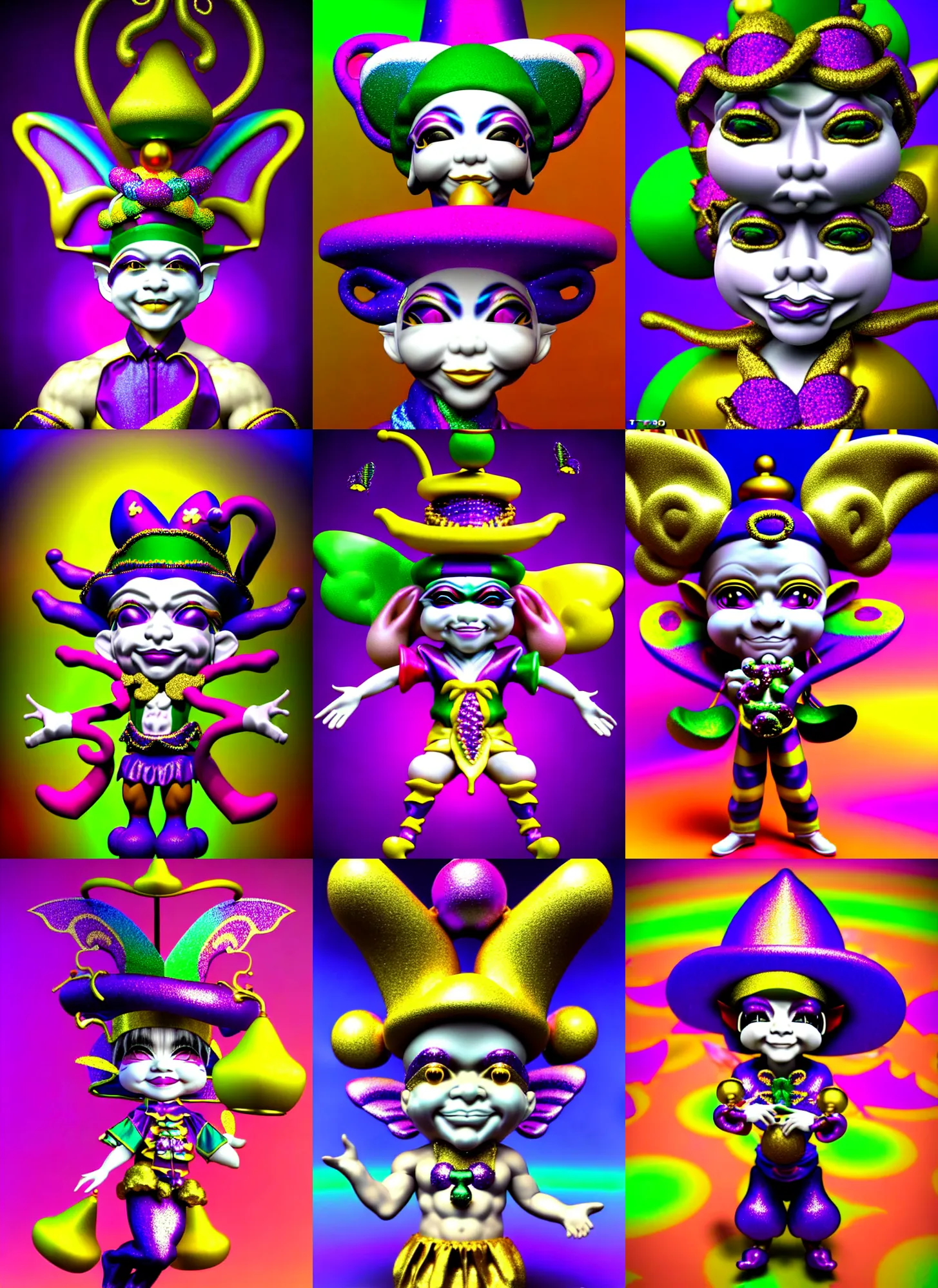 Prompt: 3d render of chibi mardi gras jester by Ichiro Tanida wearing a 'jester cap and bells' and wearing angel wings against a psychedelic swirly background with 3d butterflies and 3d flowers n the style of 1990's CG graphics 3d rendered y2K aesthetic by Ichiro Tanida, 3DO magazine