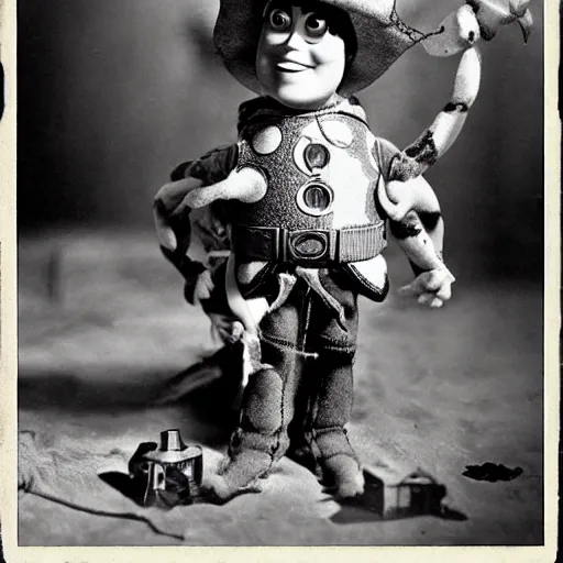 Prompt: toy story doll spider as a dnd gnome, steam punk style, 1920s photograph