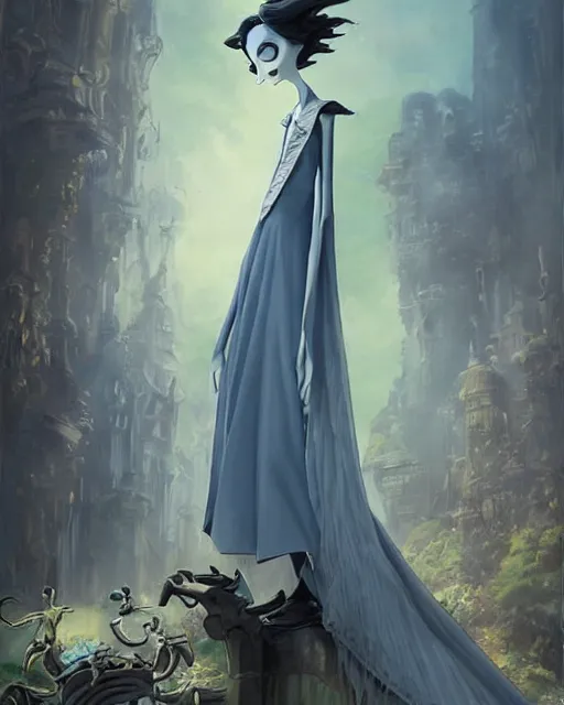 Image similar to elegant mysterious solemn desperate male victor van dort from the movie the corpse bride, portrait, illustration, the land of the death, rim light, top light, summer clear blue sky, perfectly shaded, soft painting, art by krenz cushart and wenjun lin