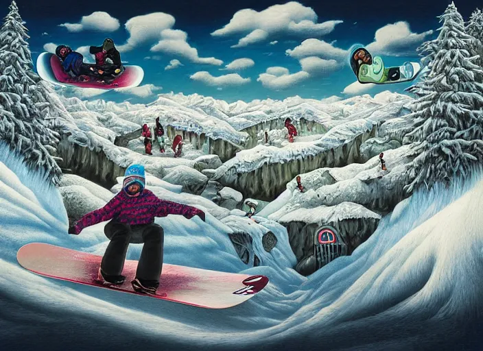 Image similar to snowboarding to another dimension, lowbrow, matte painting, 3 - d highly detailed, in the style of mark ryden,