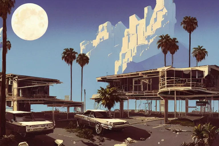 Image similar to broken robot | abandoned motel | palm trees | snowy mountains | moon in sky, painting by syd mead and weta studio and moebius and james jean and frank frazetta, highly detailed, rule of third, soft lighting, architectural magazine, beautiful detailed, insanely intricate details, artstation trending, hypermaximalistic, high details, cinematic