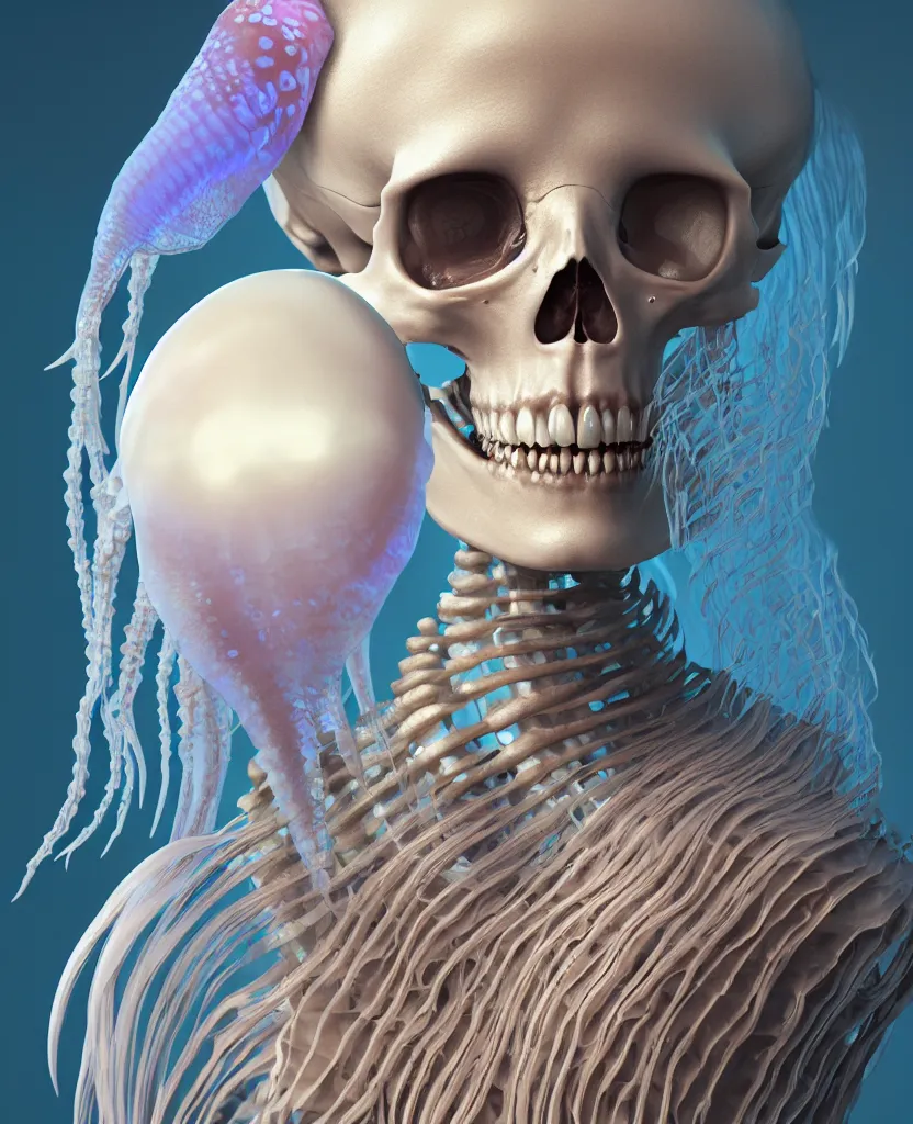 Image similar to goddess close - up portrait human skeleton, ram skull, jellyfish, orchid, betta fish, bioluminiscent, intricate artwork by tooth wu and wlop and beeple. octane render, trending on artstation, greg rutkowski very coherent symmetrical artwork. cinematic, hyper realism, high detail, octane render, 8 k