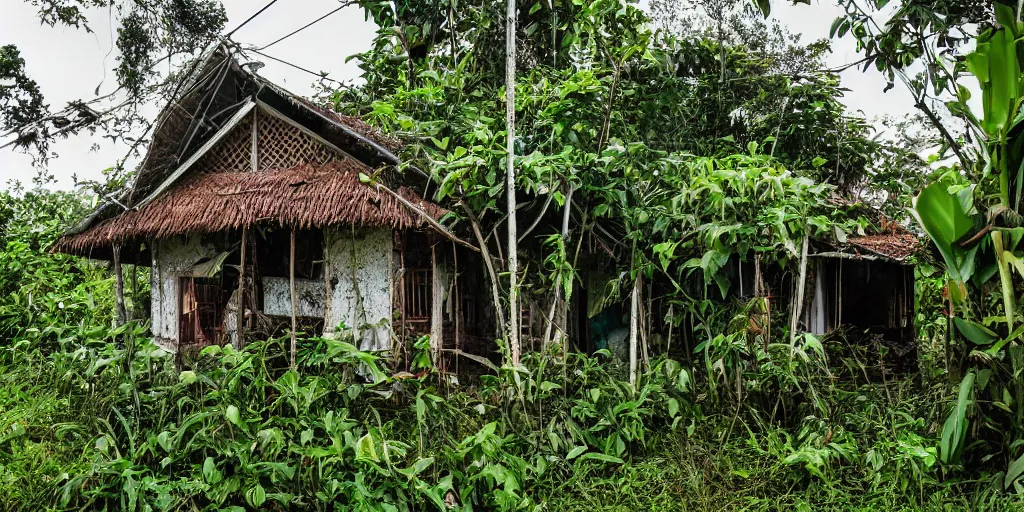 Prompt: abandoned sri lankan house, overgrown greenery, photography, dark