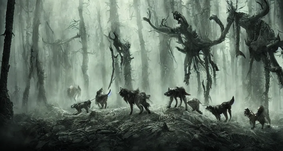 Image similar to an epic action concept masterpiece of a rabid wolfpack, in a forest made of nightmares, horrific digital art, extremely moody lighting, style of igor kieryluk