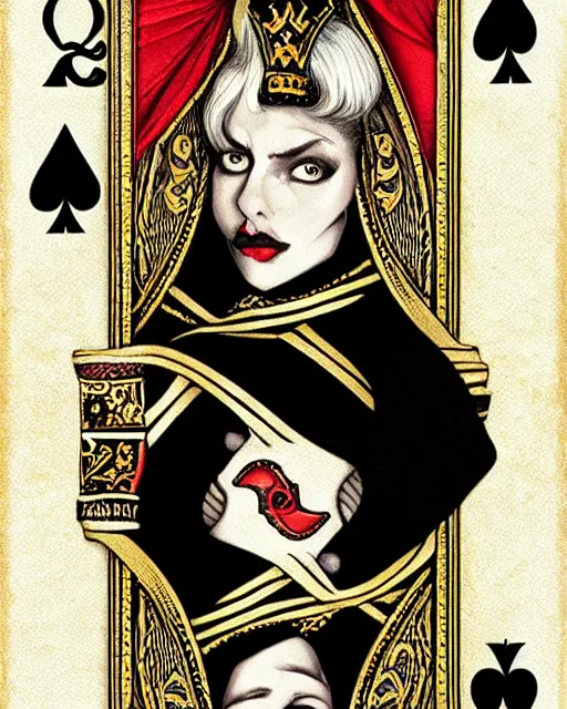 Prompt: queen of spades playing card in the style of tom bagshaw