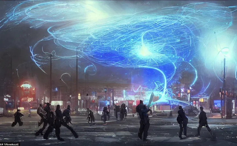 Image similar to people with posters attacking cops, a huge blue spiral - shaped white luminous attractor is floating on the horizon near the sun, stores in los angeles with light screens all over the street, concept art, art for the game, professional lighting, dark night lighting from streetlights, by ilya repin