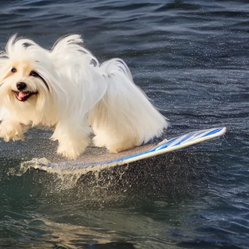 Image similar to a cream-colored havanese foil surfing, gopro photo, 4k