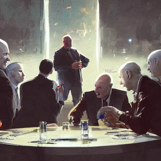 Prompt: illustration of a meeting between elon musk, mark zuckenberg, jeff bezos, very clear face, high quality, very detailled, by artgem, greg rutkowski, ruan jia