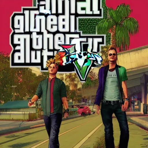 Prompt: Green Day in GTA V, cover art by Stephen Bliss, artstation