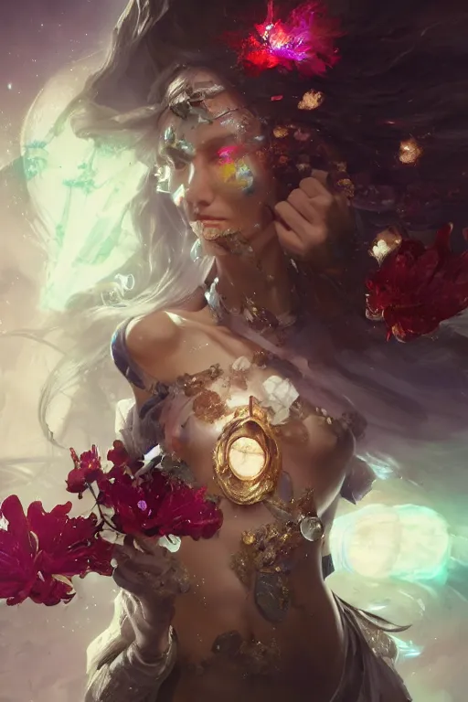 Image similar to beautiful girl necromancer covered with crystals exploding space, 3 d render, hyper realistic detailed portrait, holding magic flowers, ruan jia, wlop. scifi, fantasy, hyper detailed, octane render, concept art, peter mohrbacher